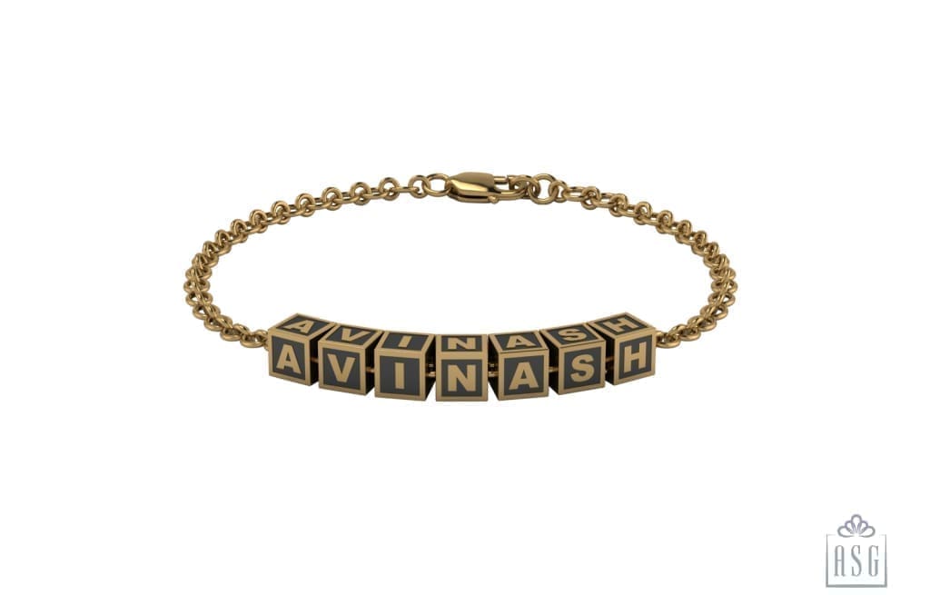 Sterling Silver Square Cubes Name Bracelet For Boys & Men Yellow Gold / For 7 Bracelets And