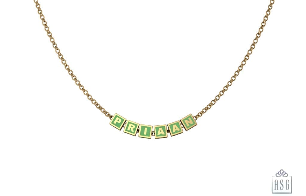 Sterling Silver With 18 Kt Yellow Gold Plating Square Babykubes Necklace For Baby & Child Green / 9